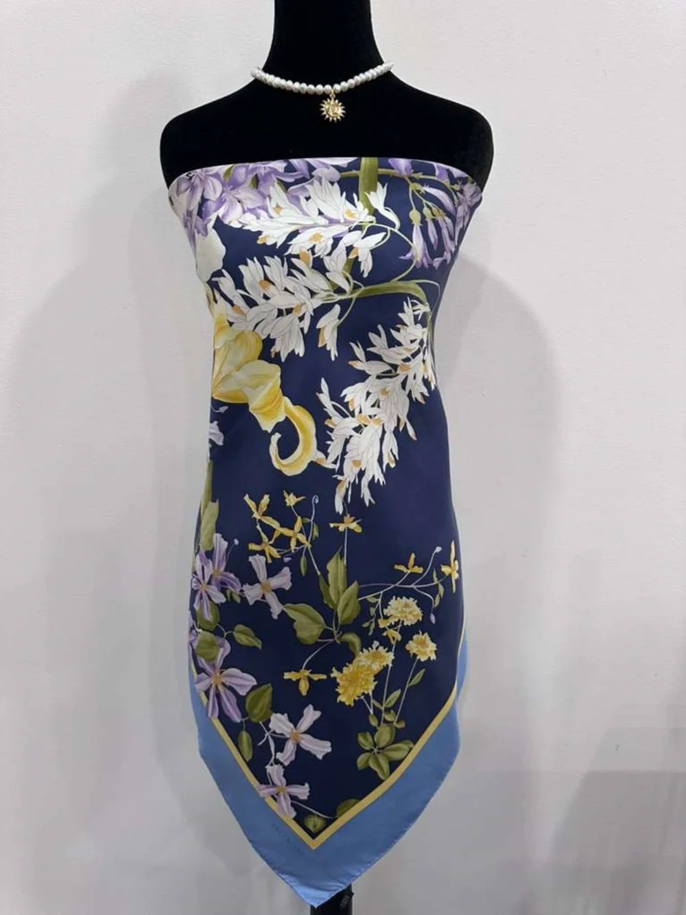 Navy Floral Silk-Feel Scarf with Yellow & Lavender Blooms